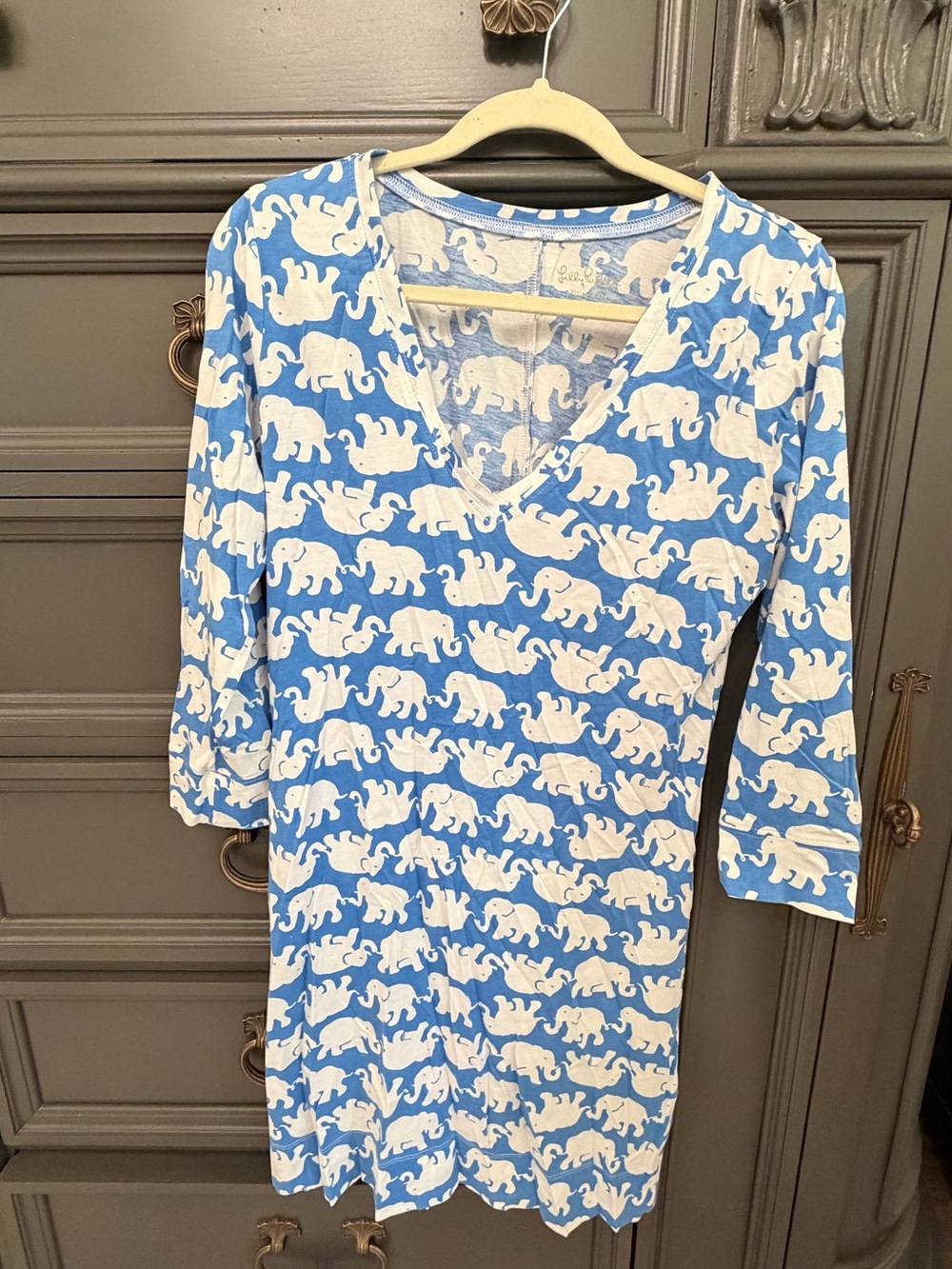 Lilly Pulitzer Blue and White Elephant-Print V-Neck Mini Dress